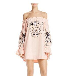FREE PEOPLE Pink/Peach Fleur Du Jour Embroidered Cotton Shift Mini Dress Sz L